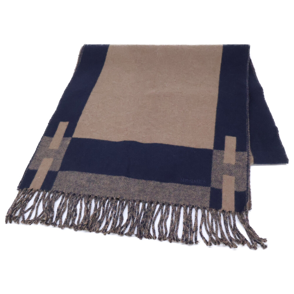 HERMES H Passant Cashmere Fringe Stole Scarf Brown Men's